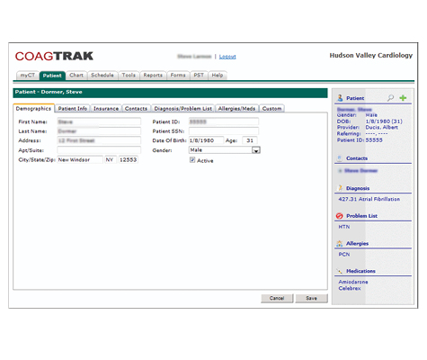 screenshot of patient tab